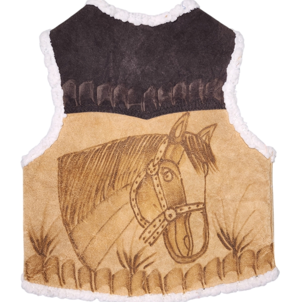 Vintage Suede Horse Sherpa Lined Vest Kids 4  Cowboy Rustic Rodeo Wester…